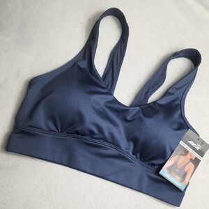 NWT AVIA Sports Bra Size Small Beautiful silky blue color w/twist tie mesh back